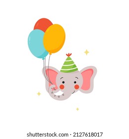 Cute cartoon elephant with balloons vector illustration. Funny print with kawaii baby animal for kids greeting cards, invitations or posters