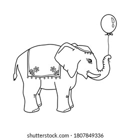Cute cartoon elephant with baloon for coloring page or book. Black and white vector 10 EPS illustration of animal character.