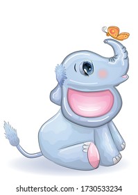 Cute cartoon elephant with beautiful eyes with a butterfly, children's illustration.