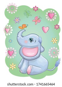 Cute cartoon elephant with beautiful eyes with a butterfly surrounded by flowers, children's illustration.