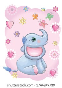Cute cartoon elephant with beautiful eyes with a butterfly surrounded by flowers, children's illustration.