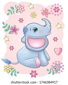 Cute cartoon elephant with beautiful eyes with a butterfly surrounded by flowers, children's illustration.
