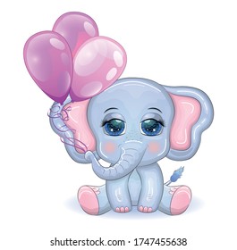 Cute cartoon elephant with beautiful eyes with balloons in the trunk, children's illustration.
