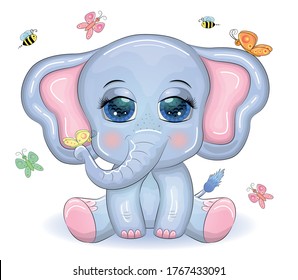 Cute cartoon elephant with beautiful eyes with a butterfly surrounded by flowers, children's illustration.