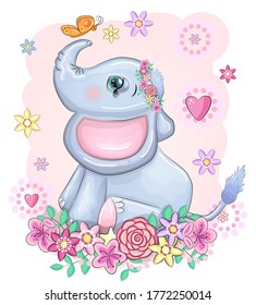 Cute cartoon elephant with beautiful eyes with a butterfly surrounded by flowers, children's illustration.