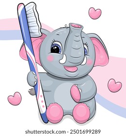 A cute cartoon elephant with a big toothbrush. Vector illustration of an animal on a white background with stars.