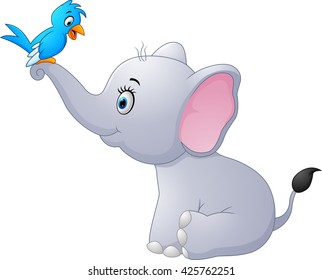 Cute cartoon elephant and bird