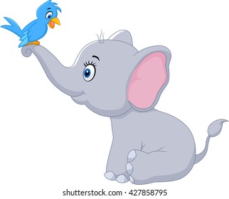 Cute cartoon elephant and bird