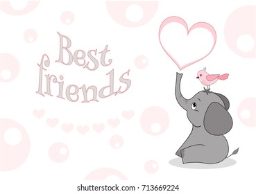 Cute cartoon elephant with bird. Best friends. Vector.