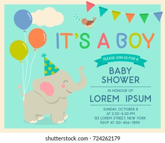 Cute cartoon elephant and bird illustration for boy baby shower card template