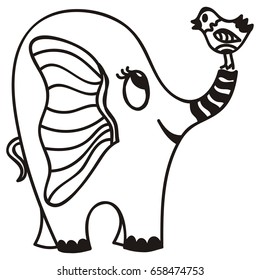 Cute cartoon elephant with bird. Vector illustration.