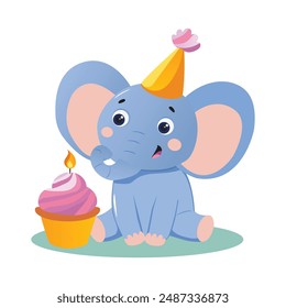 Cute cartoon elephant with birthday cake and cupcake. Vector illustration.