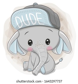 Cute Cartoon Elephant with a blue cap on a beige background