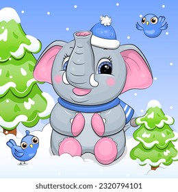 A cute cartoon elephant in a blue hat and scarf is sitting on the snow with two birds in a spruce forest. Winter vector illustration of animals in nature.