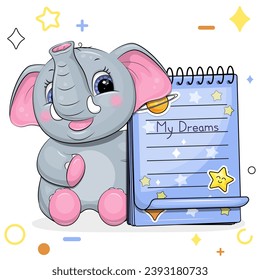 A cute cartoon elephant with a blue notebook with stickers. Vector illustration of animal on a white background with stars, circles.