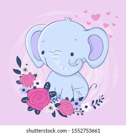 Cute cartoon elephant with a bouquet of roses.