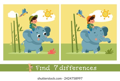 Cute cartoon elephant and boy. Flat stylised isolated simple illustration. Find 7 differences. Educational puzzle game for children. Vector graphics.