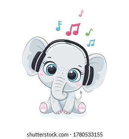 Cute cartoon elephant boy with headphones listen to music