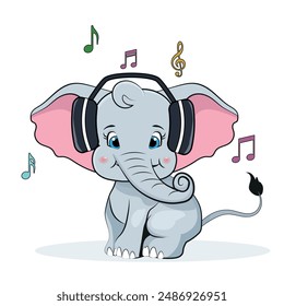 Cute cartoon elephant boy with headphones listen to music. vector illustration