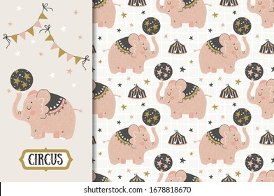 Cute cartoon elephant card and seamless pattern. Hand drawn illustration. Fabric Textile surface design. Jungle animal character.