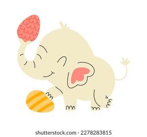 Cute cartoon elephant carry easter eggs flat icon. Vector illustration
