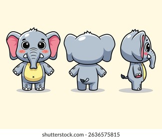 Cute Cartoon Elephant Character Design - Front, Side, and Back View - Adorable Animal Mascot Design. Vector illustraton