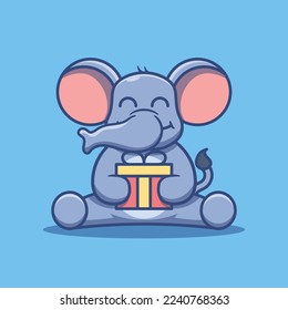 Cute cartoon elephant character holding a gift vector illustration