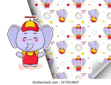 Cute cartoon elephant character. Kids card and seamless background pattern. Kids card and seamless background pattern. Hand drawn design vector illustration.	