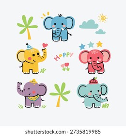 Cute Cartoon Elephant Character Set with Tropical Elements