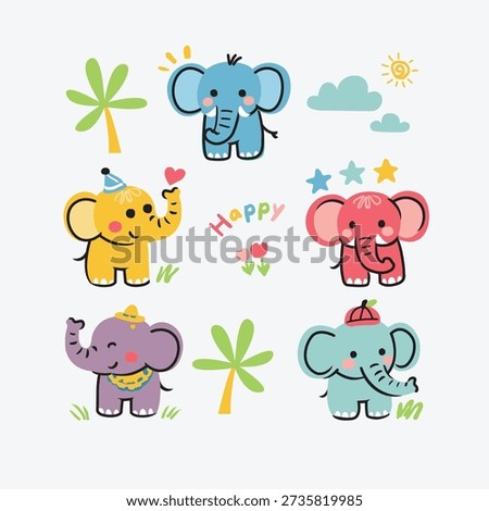 Cute Cartoon Elephant Character Set with Tropical Elements