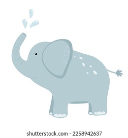 Cute cartoon elephant character with water drops. Flat vector illustration.