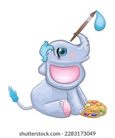 Cute cartoon elephant, child character with beautiful eyes with paints and brush, artist.