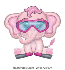 Cute cartoon elephant, child character with beautiful eyes, wearing flippers and mask, on the beach and on vacation