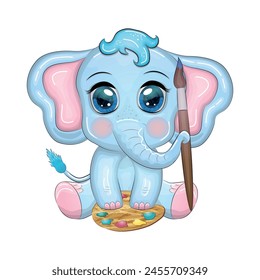 Cute cartoon elephant, child character with beautiful eyes with paints and brush, artist.