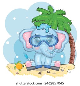 Cute cartoon elephant, child character with beautiful eyes, wearing flippers and mask, on the beach and on vacation