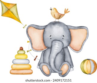 elefante de dibujos animados con juguetes infantiles como piramida, pintura de la bola y la acuarela de cometas. Postal dulce con animal y ave de cuento de hadas