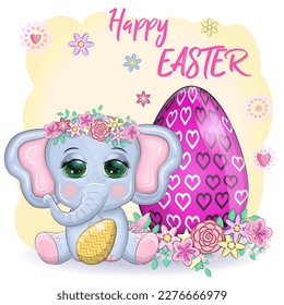 Cute cartoon elephant, childish character with beautiful eyes holding an easter egg. Happy Easter greeting card