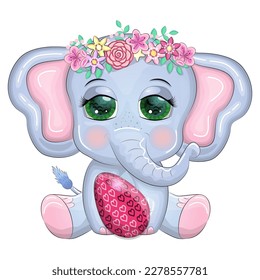 Cute cartoon elephant, childish character with beautiful eyes holding easter egg.