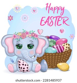 Cute cartoon elephant, childish character with beautiful eyes holding an easter egg. Happy Easter greeting card