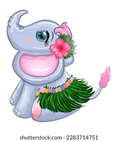 Cute cartoon elephant, childish character with beautiful eyes in Hawaiian costume, beach and vacation.