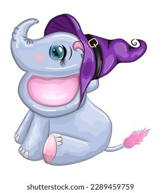 Cute cartoon elephant, childish character in wizard hat with pumpkin, potion or broom, halloween.