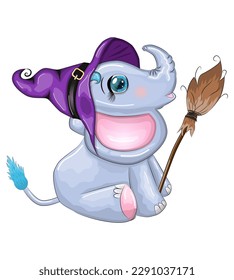 Cute cartoon elephant, childish character in wizard hat with pumpkin, potion or broom, halloween.