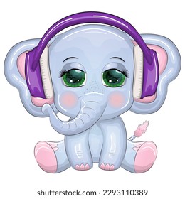 Cute cartoon elephant, childish character with beautiful eyes wearing headphones, music lover listening to music or learning lessons