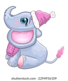 Cute cartoon elephant, childish character with beautiful eyes wearing santa hat, scarf, holding gift, christmas ball or candy cane. The concept of the holiday of Christmas and New Year