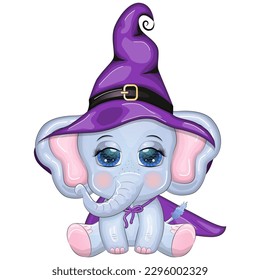 Cute cartoon elephant, childish character in wizard hat with pumpkin, potion or broom, halloween.