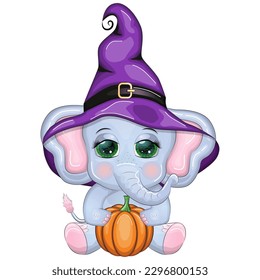 Cute cartoon elephant, childish character in wizard hat with pumpkin, potion or broom, halloween.