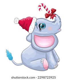 Cute cartoon elephant, childish character with beautiful eyes wearing santa hat, scarf, holding gift, christmas ball or candy cane. The concept of the holiday of Christmas and New Year