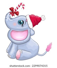 Cute cartoon elephant, childish character with beautiful eyes wearing santa hat, scarf, holding gift, christmas ball or candy cane. The concept of the holiday of Christmas and New Year