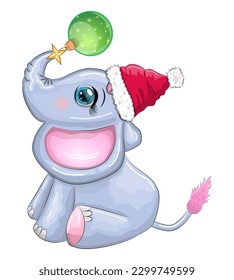 Cute cartoon elephant, childish character with beautiful eyes wearing santa hat, scarf, holding gift, christmas ball or candy cane. The concept of the holiday of Christmas and New Year