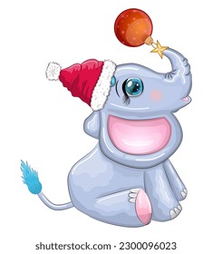 Cute cartoon elephant, childish character with beautiful eyes wearing santa hat, scarf, holding gift, christmas ball or candy cane. The concept of the holiday of Christmas and New Year